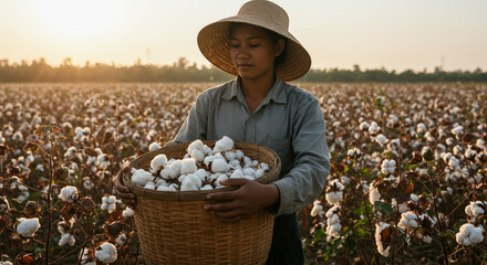 A woman in a straw hat carrying a basket of cotton in a field at sunset with trees in the background