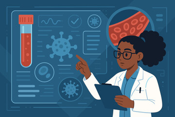 Medical researcher examining blood test results for viral infection on futuristic digital interface, scientific analysis, laboratory diagnostics, virology, healthcare technology, vector illustration