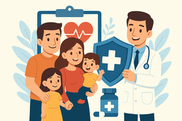Family Health Insurance Protection Concept. Doctor with Shield and Medical Cross, Parents and Children Group. Healthcare, Medical Support, Life Insurance, Safe Family Care Vector Cartoon Illustration