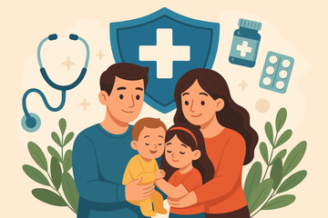 Family health insurance and medical protection concept. Happy parents with children safe under a big shield. Healthcare, life coverage, security, and well-being vector cartoon.