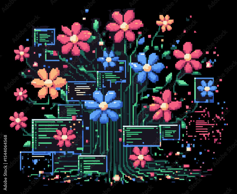 Fototapete pixel art illustration of colors and pop-up digital computer windows as a symbol of the fusion of na