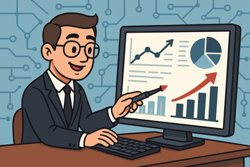 Businessman analyzing sales data growth charts on computer interface. Financial analytics presentation. Strategy planning investment success. Technology concept. Vector cartoon illustration.