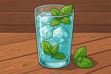 Refreshing iced water with mint leaves and ice cubes in clear glass on rustic wooden table. Summer drink vector illustration. Cold beverage, fresh herbs, hydration, healthy refreshment concept