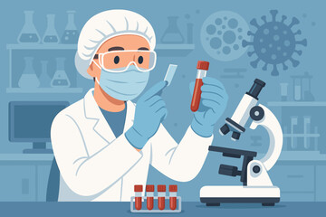 Laboratory scientist examining blood sample for virus research. Covid-19 analysis, medical laboratory test, healthcare technology. Microscope, test tubes, clinical research vector illustration