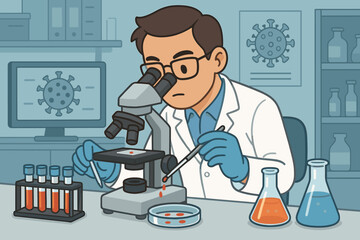 Scientist in Laboratory Researching Virus, Analyzing Blood Samples with Microscope and Test Tubes, Developing Vaccine Against COVID-19, Medical Research, Laboratory Equipment, Vector Illustration