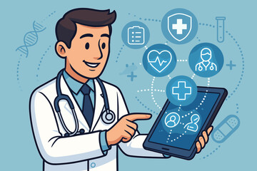 Cartoon doctor with tablet and stethoscope. Telemedicine, digital healthcare technology, and e-health concept. Online patient care, virtual consultation with medical icons vector.