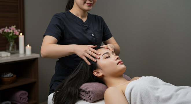 Woman receiving a head massage from a therapist in a spa setting with candles and soft lighting around her