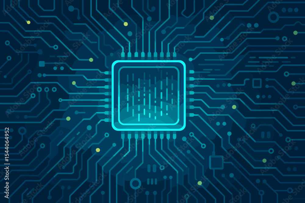 Poster futuristic electronic circuit board with glowing cpu processor core. digital data processing, modern