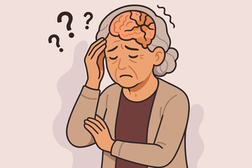 Elderly woman's struggle with memory loss, confusion, and cognitive decline from Alzheimer's disease or dementia. Brain damage, mental health awareness, senior challenges vector cartoon illustration.