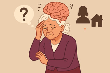 Elderly woman struggling with Alzheimer's disease, dementia, and memory loss. Senior experiencing confusion, brain damage, and cognitive decline. Mental health and neurological disorder concept.