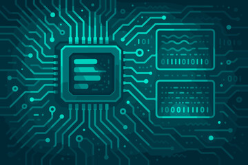 Electronic Circuit Board Vector Illustration with Futuristic Digital Processing and Glowing Data Flow. High-Tech AI Network, Cyber Security, Computer Science, and Modern Technology Background.