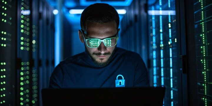 Technician working on cybersecurity in a data center environment during nighttime with glowing server racks