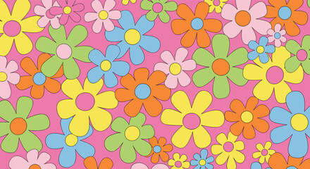 Colorful Floral Pattern with Retro Style Blooming Flowers Design