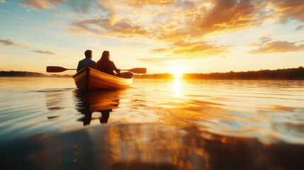 A serene moment captured of a couple in a rowboat on a tranquil lake during sunset, illustrating romance and connection amidst nature's beauty and calmness.