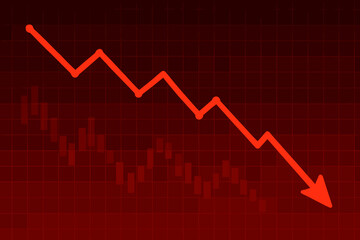 Stock market crash recession graph with falling arrow on red digital grid, finance crisis concept, bear market, negative trend, economic downturn, volatile stock chart, loss, investment risk
