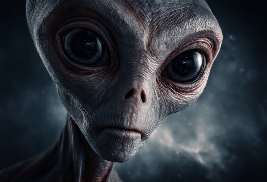Close-up portrait of a grey alien with large dark eyes and a serious expression, hinting at extraterrestrial encounters and the unknown