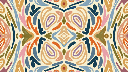 Fototapeta premium Symmetrical abstract pattern featuring organic shapes and a variety of soft pastel colors