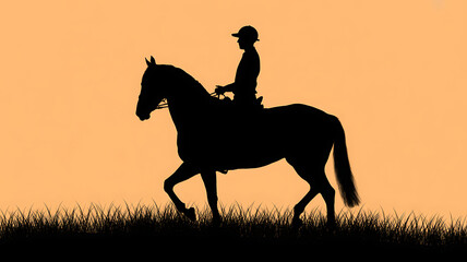 Silhouette of a horse and rider in a field against a sunset background