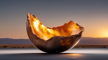 A cracked, luminous eggshell glows softly against a serene background, symbolizing new beginnings, potential, and the beauty found within fragile things, captured in an artistic presentation.