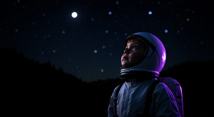 Child astronaut looking up at starry night sky with moon purple lighting. Space exploration dreams childhood wonder. Science education astronomy concept banner horizontal
