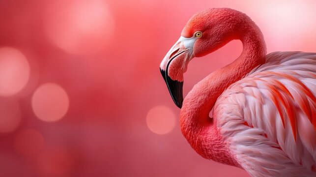This beautiful close-up portrait of a pink flamingo highlights its vibrant colors and graceful features, set against a softly blurred background for artistic flair. - Powered by Adobe