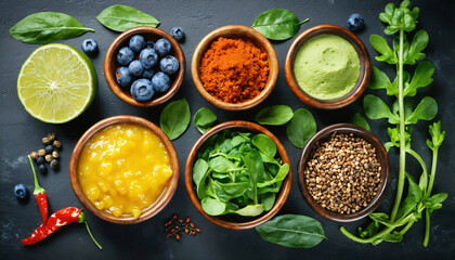 Vibrant superfoods, plant-based meals, and organic ingredients, styled with a rustic background with herbs and spices