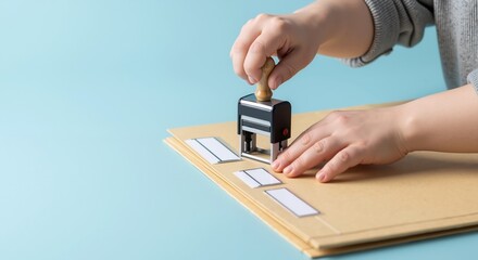 Hands using rubber stamp on documents manila envelope turquoise background. Office worker stamping papers business administration official paperwork. Legal certification concept banner horizontal