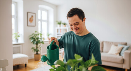 Man with down syndrome in green shirt watering plants with green can bright living room interior. Happy person home gardening activity independence. Disability inclusion concept banner horizontal