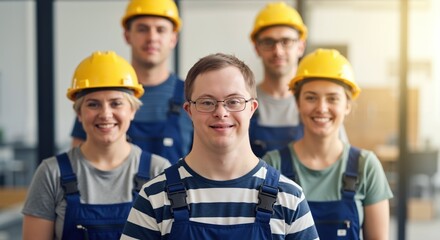 Man with down syndrome in striped shirt glasses standing with construction team yellow hard hats warehouse. Professional worker inclusion diversity workplace. Disability employment 