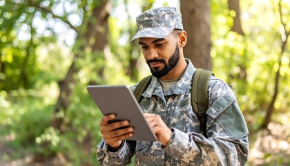 Soldier using tablet in forest.
