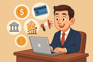 Businessman in Suit Working on Laptop with Finance Icons, Online Banking, Credit Card Payment, Financial Growth Chart, Bank Building, Digital Marketing Concept, Vector Cartoon Illustration