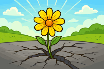 Flower growing from crack in asphalt street. Symbol of hope, resilience, strength and perseverance. Concept of new life, growth, and overcoming adversity. Power of nature. Vector.