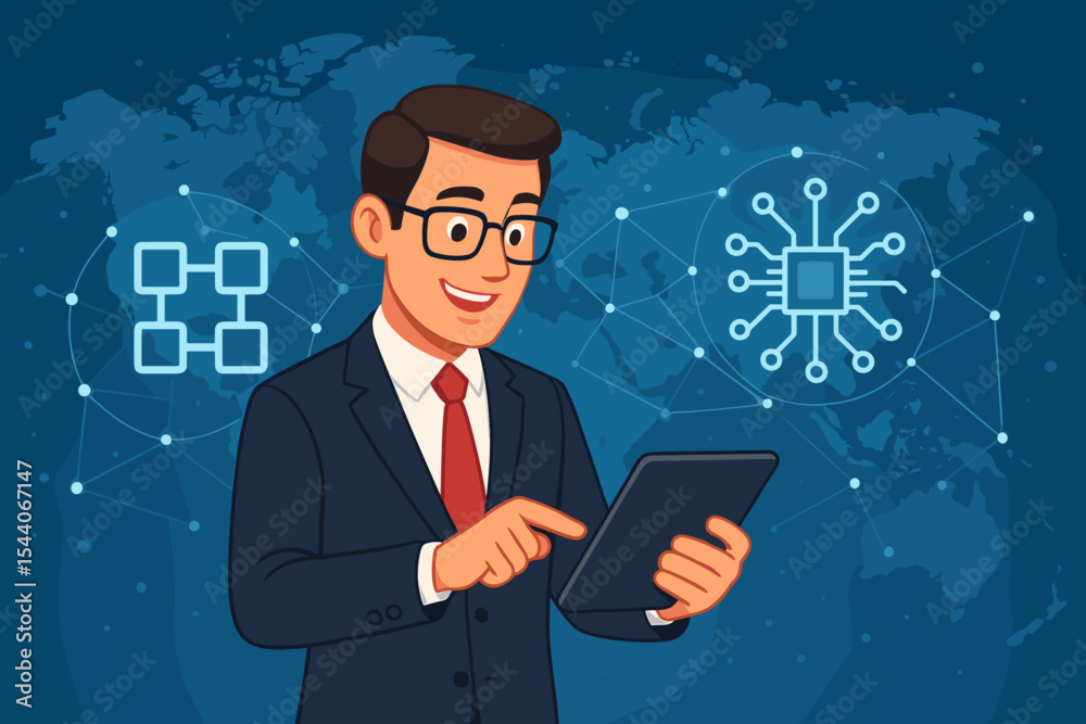 Poster businessman using tablet with blockchain network and microchip icons on global virtual screen, digit
