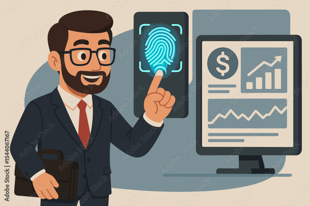 Poster businessman using biometric fingerprint scan for secure financial data access. vector illustration o