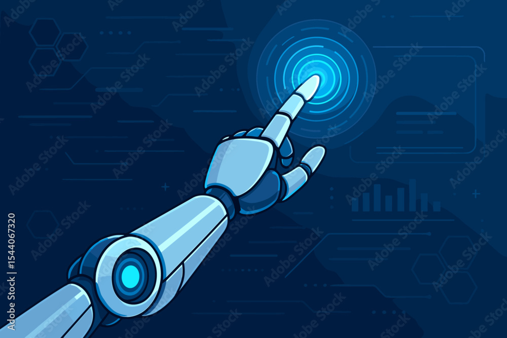 Poster futuristic robotic hand touching virtual interface with ai technology. advanced robot arm interactin