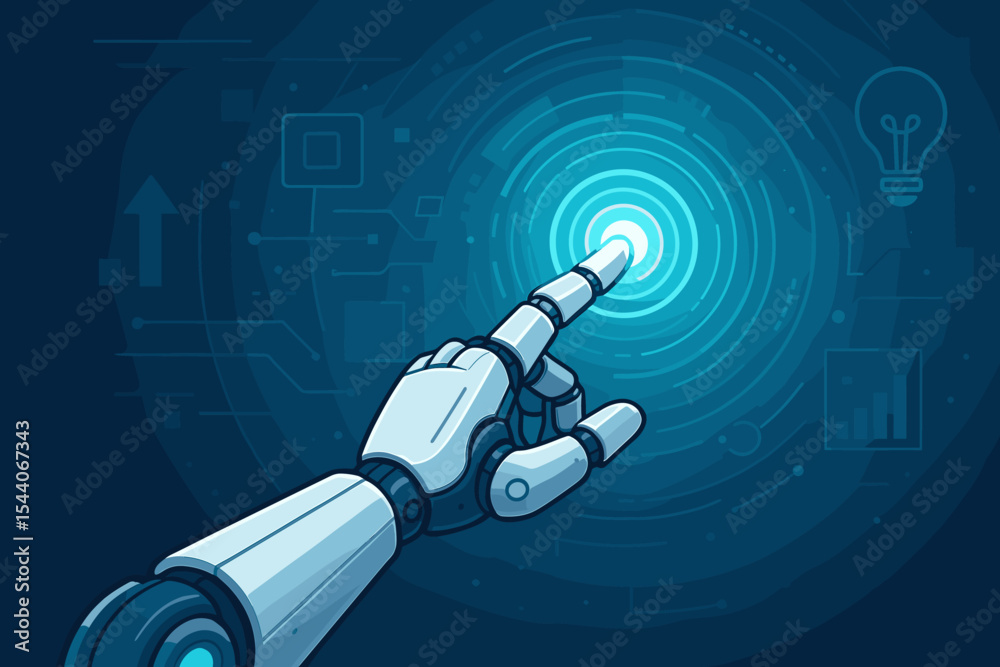 Poster futuristic robotic hand touching digital interface. artificial intelligence technology, innovation, 