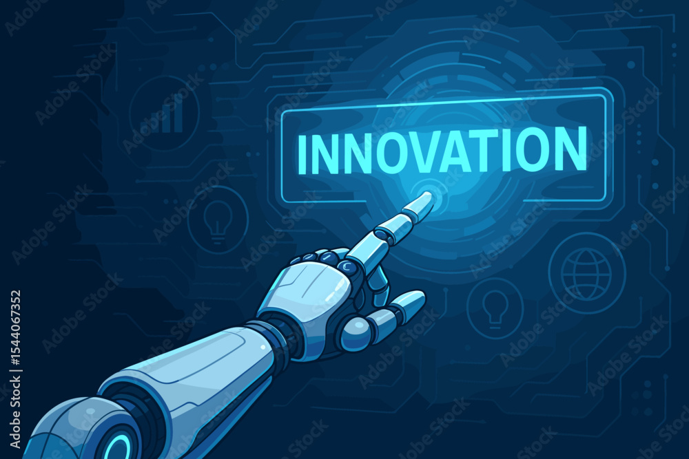Poster futuristic robotic arm presses an innovation button on a virtual screen. artificial intelligence, te
