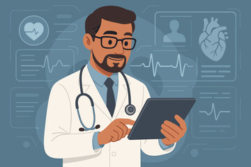 Cardiologist using digital tablet for patient health monitoring. Modern medical technology interface. Heart rate data analysis. Healthcare professional, stethoscope, hospital, telemedicine vector