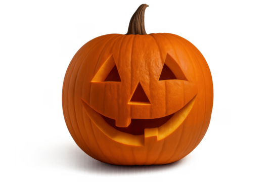 Bright orange carved Halloween pumpkin with cheerful triangular eyes and toothy smile, positioned against soft gradient background glowing with warm orange tones to evoke festive spooky seasonal ambia