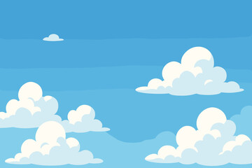 Cartoon blue sky with fluffy white clouds, serene peaceful atmosphere, empty background for banner or web header, copy space, calm weather, vector illustration for text overlay and design
