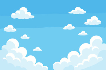 Cartoon blue sky background with fluffy white cumulus clouds, clear space for text or design, tranquil peaceful nature scene, vector illustration for banner, web, children, relaxing decor