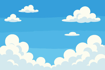 Cartoon blue sky background with fluffy white clouds, tranquil serene atmosphere, puffy cumulus cloudscape, clear space for text, vector illustration, peaceful weather, abstract sky design