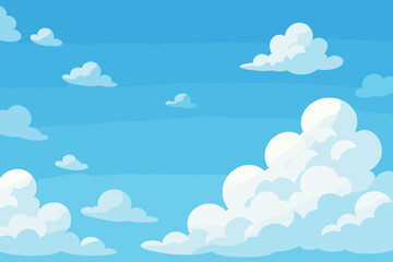 Cartoon blue sky background with fluffy white clouds, tranquil atmosphere, blank space for text, peaceful environment, vector illustration, perfect for banners, posters, web, and presentations