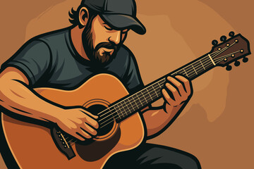 Acoustic guitar player strumming strings, detailed vector illustration. Musician performing, hand playing chords, casual attire. Musical performance, artistic cartoon, hobby, musical talent concept