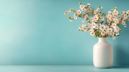 A serene arrangement of blossoming white flowers in a minimalist white vase, set against a calming turquoise background, evokes feelings of peace and beauty.
