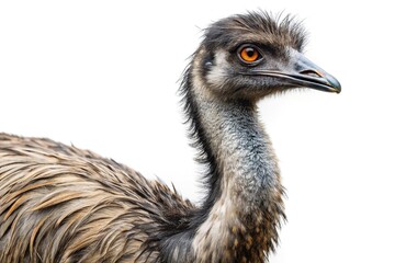 Close up profile of an emu bird against a white background