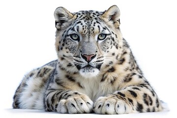 Fototapeta premium Majestic snow leopard portrait against white background