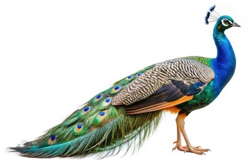 Vibrant indian peafowl male bird isolated on white background