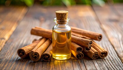 Cinnamon Oil  Sticks on Wood.