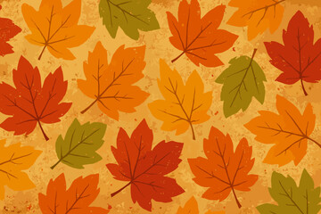 Seamless Autumn Maple Leaves Pattern. Fall Foliage Background With Grunge Texture. Orange, Red, Yellow, Green Hand Drawn Leaves. Seasonal Vector Illustration For Thanksgiving, Scrapbook, Invitation